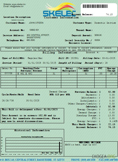 St. Kitts Electricity Company (SKELEC) utility bill editable template in PDF and Word formats